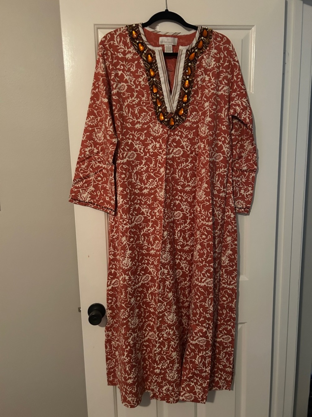 Soft Surroundings Rust Floral Beaded V-Neck Kaftan